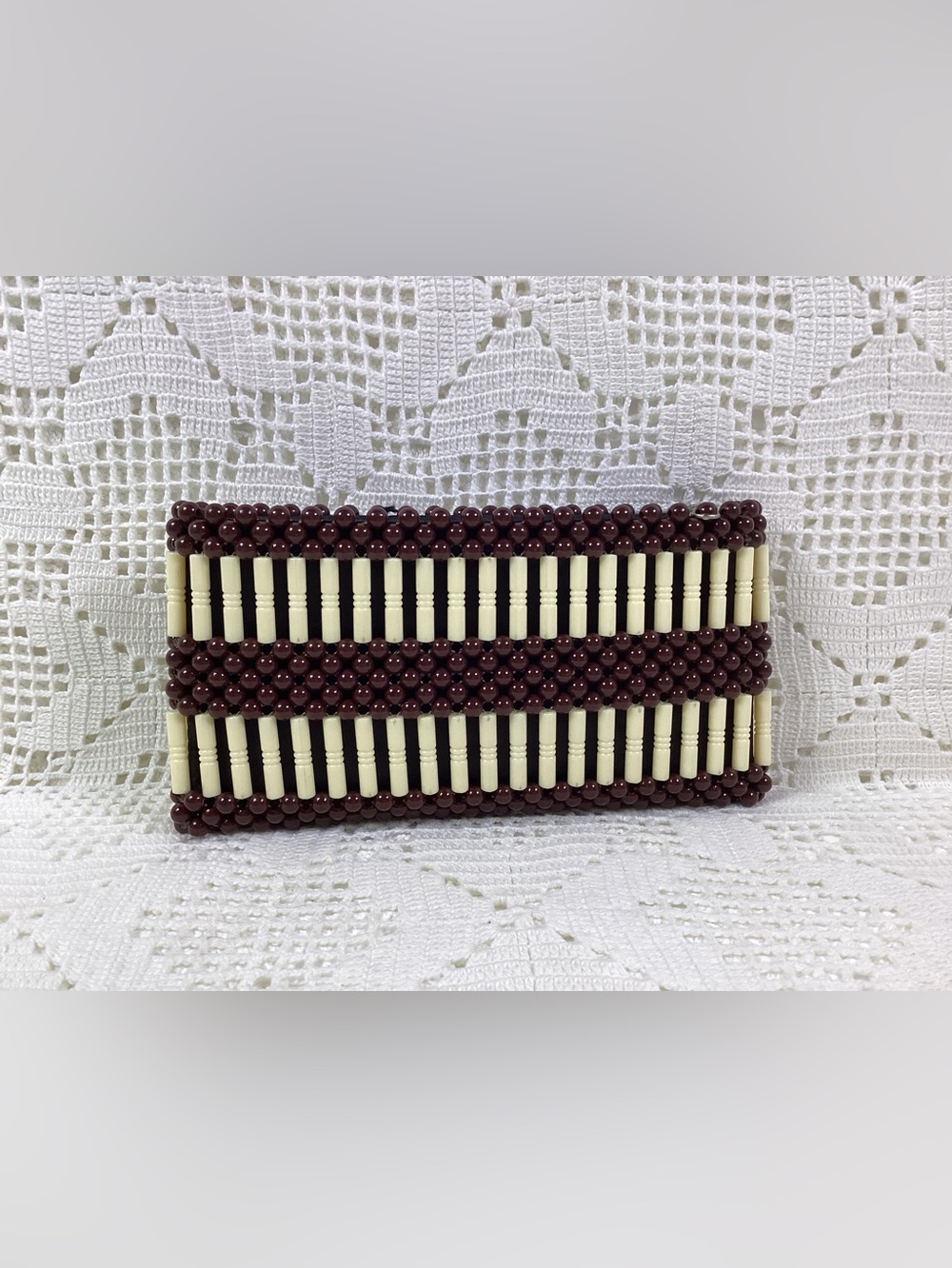 Handmade Beaded Clutch/Wallet - Brown and Cream